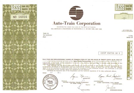 Auto-Train Corporation Stock Certificate