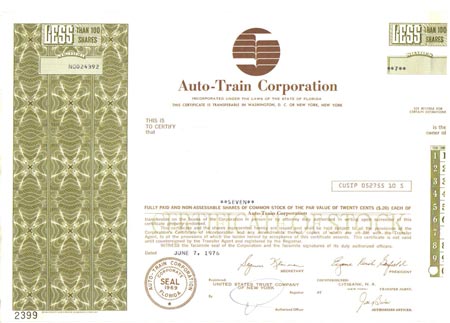 Auto-Train Corporation Stock Certificate