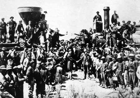 Photo of the 1869 Golden Spike Ceremony at Promontory, Utah